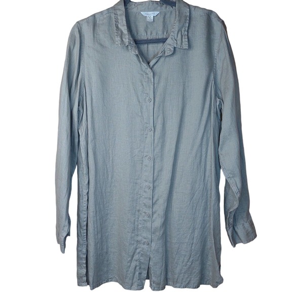 Garnet Hill Tops - Garnet Hill 100% Linen Gray Beige Long button down Easy Tunic long sleeve top